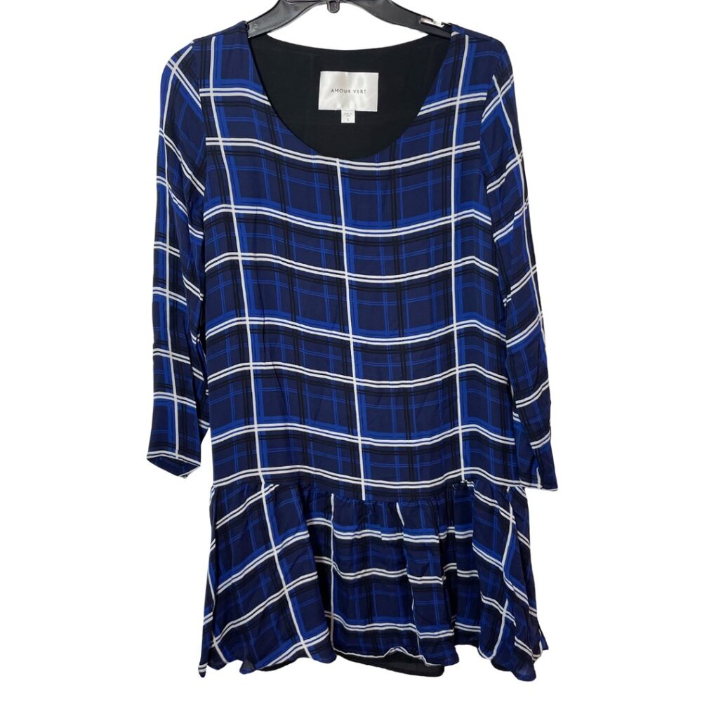 Amour Vert Silk Plaid Long Sleeve Mini Dress Blue S Womens Scoop Neck Schoolgirl